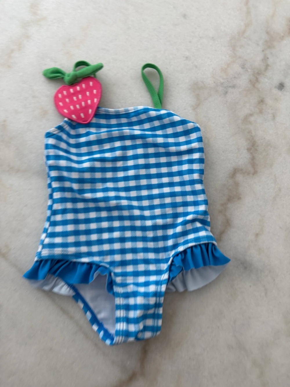 Blue Gingham Kids One-Piece Swimsuit with Pink Strawberry Accent